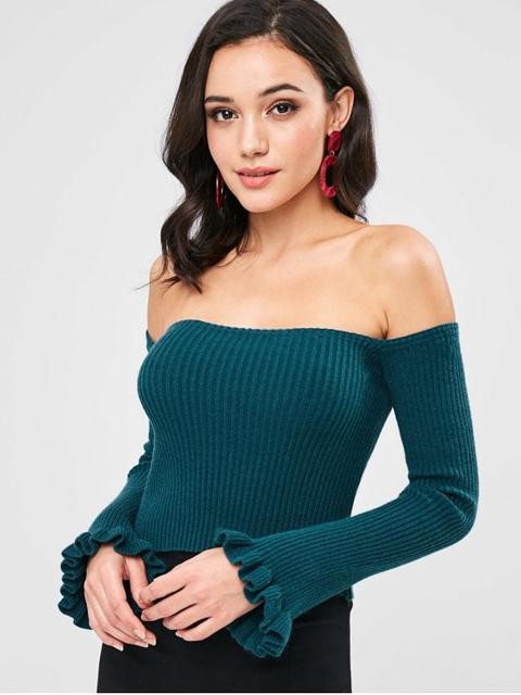 Zaful Off Shoulder Ribbed Knitwear Greenish Blue