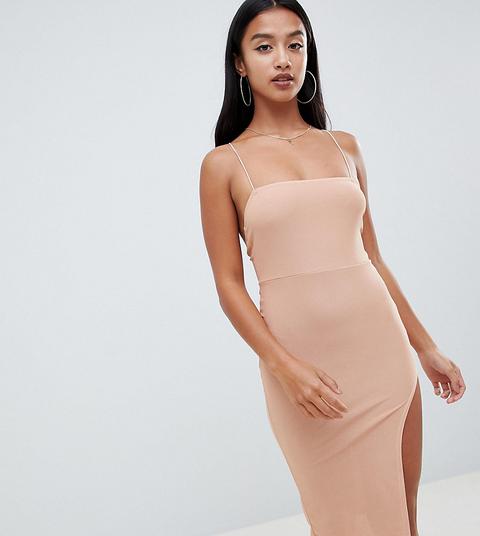 Boohoo Petite - Vestito Midi Color Carne Con Spalline E Spacco Sulla Coscia - Beige