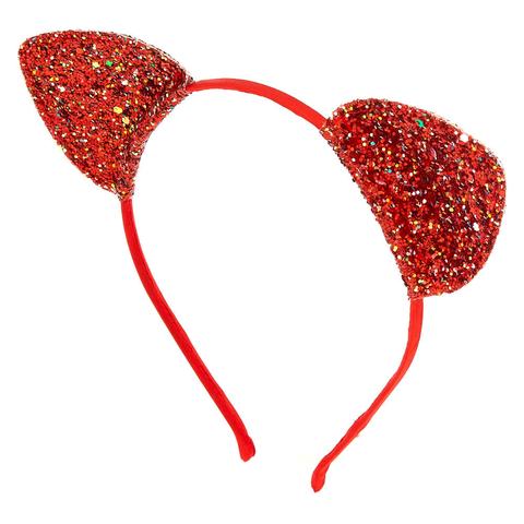 Claire's Iridescent Glitter Cat Ears Headband - Red