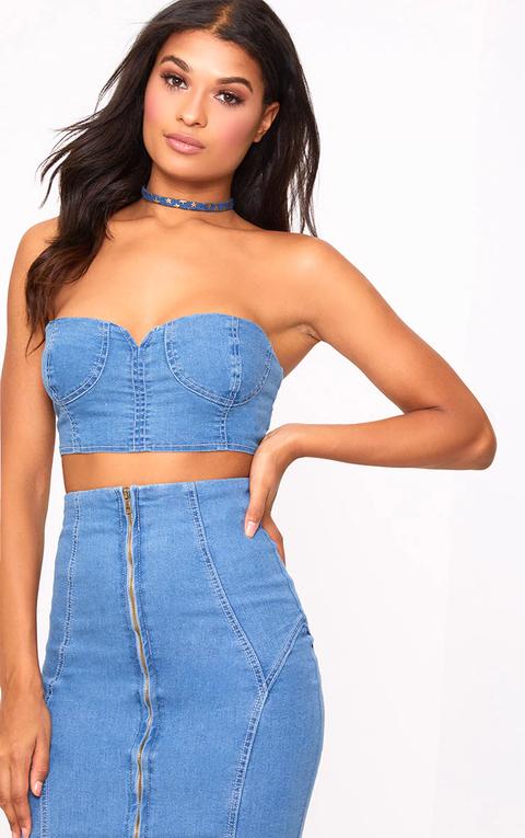 Saia Mid Wash Denim Bandeau Top, Mid Blue Wash