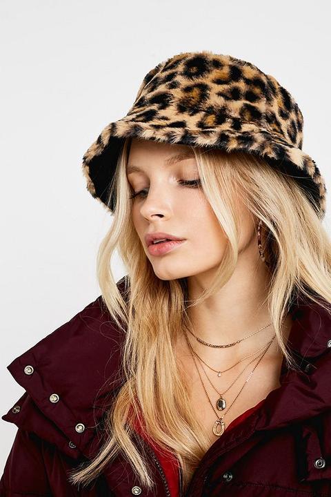 Uo Reversible Leopard Print Faux Fur Bucket Hat