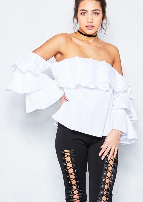 Lilly White Bardot Ruffle Bell Sleeve Top