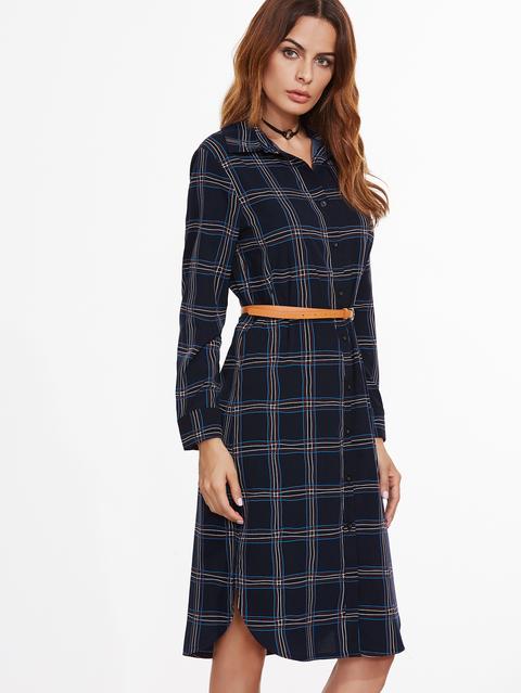 Vestito Con Orlo Curvato Plaid Con Cintura - Tartan