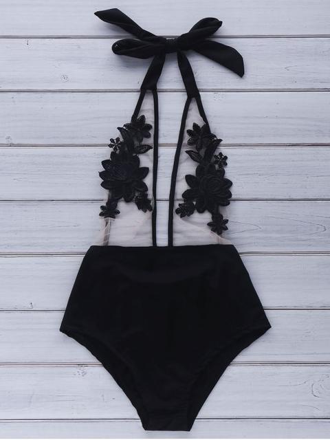 Lace Spliced Halter High Waist One-piece Swimwear