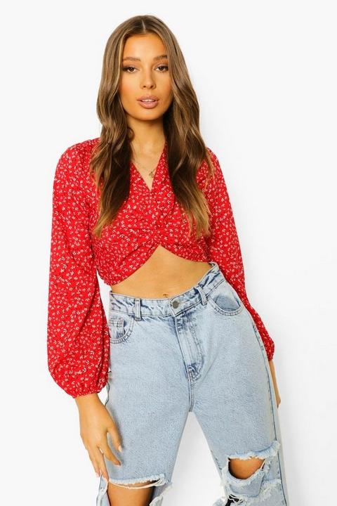 Womens Woven Printed Twist Front Crop Top - Red - 10, Red