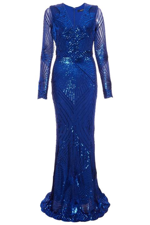 royal blue sequin long sleeve fishtail maxi dress