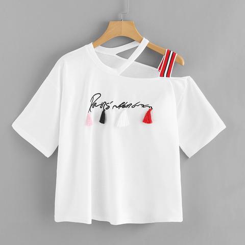 Lettera Ricamato Spalla Asimmetrica T-shirt