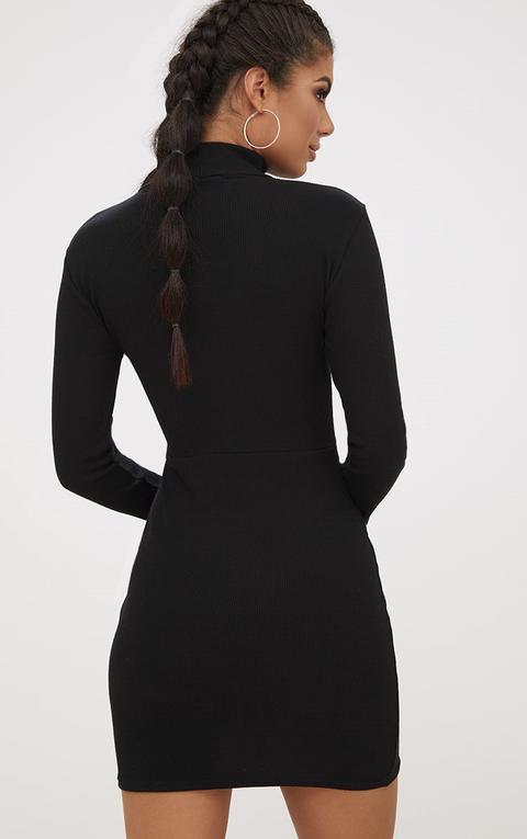 Black High Neck Rib Lace Up Bodycon Dress