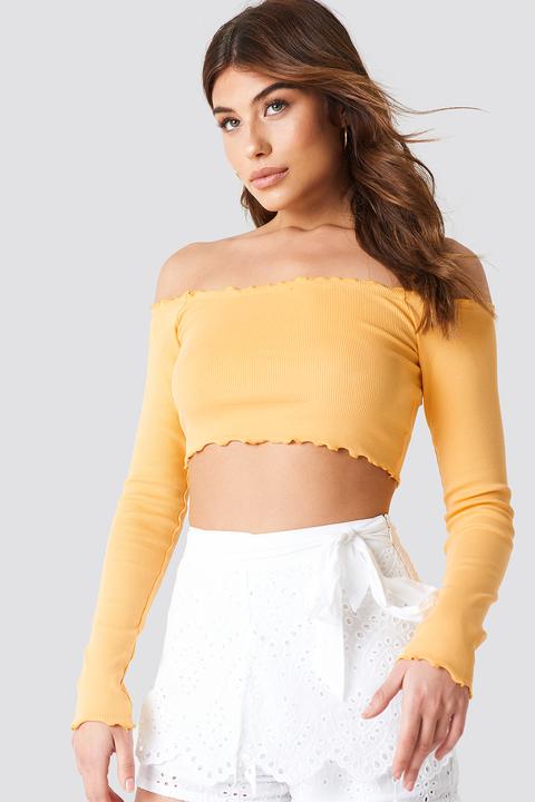 Off Shoulder Ribbed Crop Top Gelb