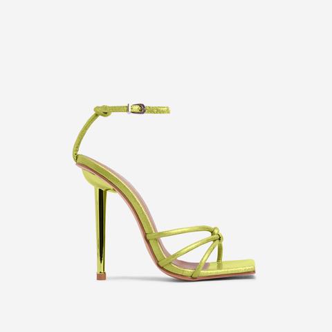 Camila Knotted Strap Square Toe Barely There Heel In Green Metallic Glitter Faux Leather, Green