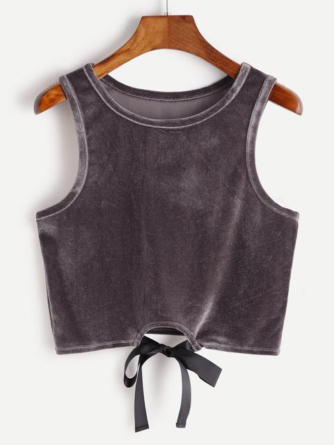 Purple Tie Front Crop Velvet Tank Top