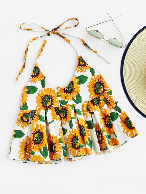 Sunflower Print Random Box Pleat Halter Top