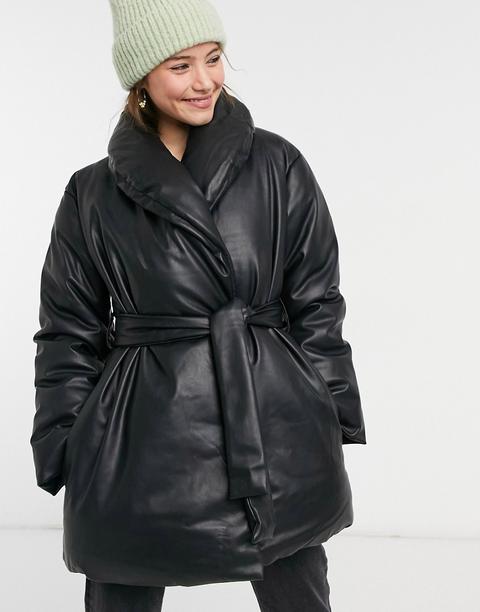 Asos Design Leather Look Belted Puffer Jacket In Black