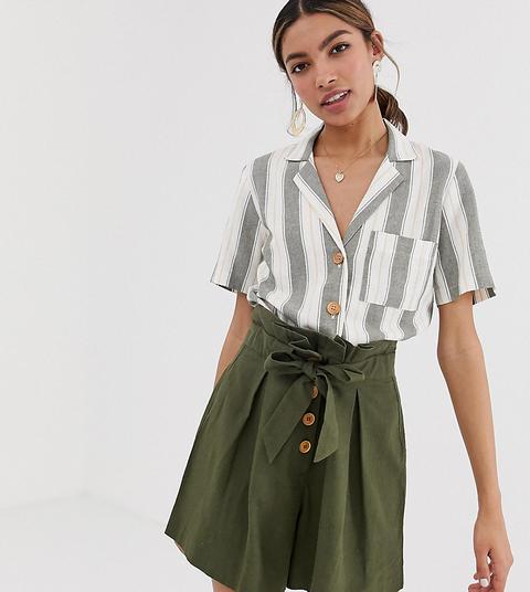 Miss Selfridge - Camicia Squadrata In Lino A Righe Con Tasca - Verde