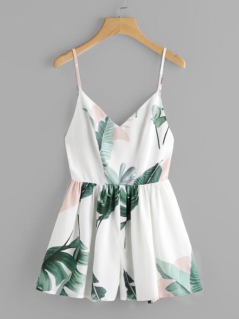 Jungle Leaf Print Crisscross Back Princess Seam Playsuit