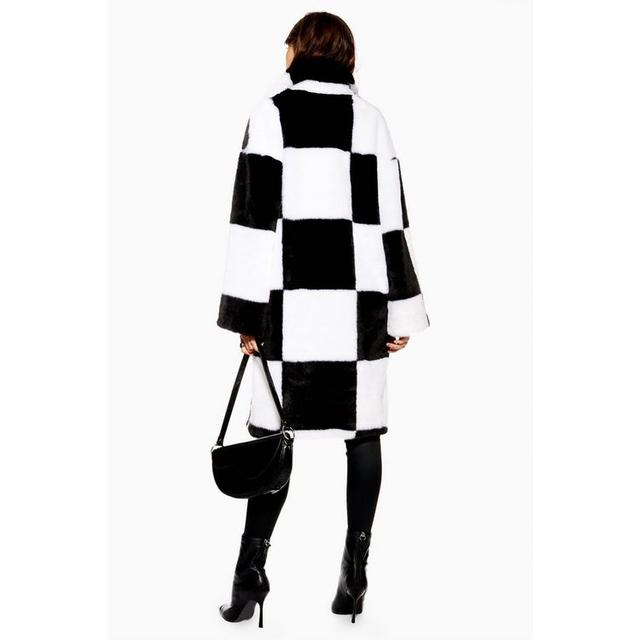 checkerboard faux fur coat