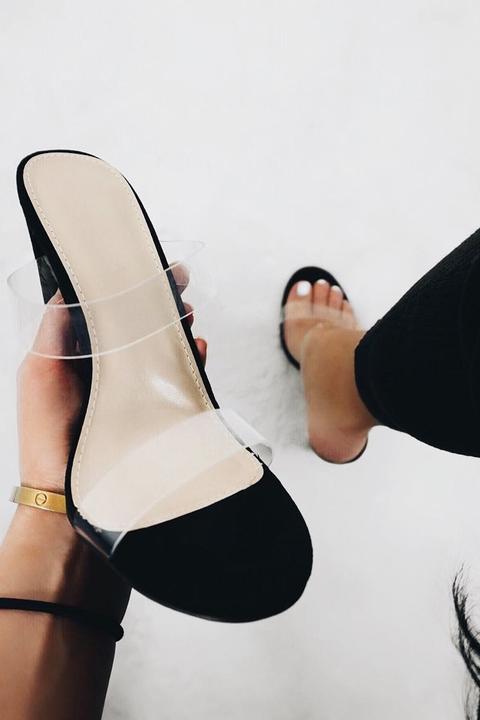 clear black strap heels