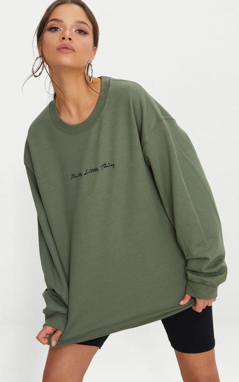 Prettylittlething Khaki Embroidered Oversized Sweater