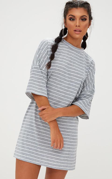 Grey Striped Oversized T Shirt Dress