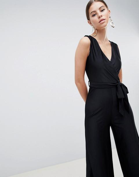 Ax Paris Wide Leg V Neck Jumpsuit - Black