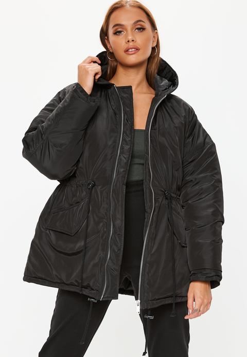 Grosse Veste Parka Noire Cordon À La Taille