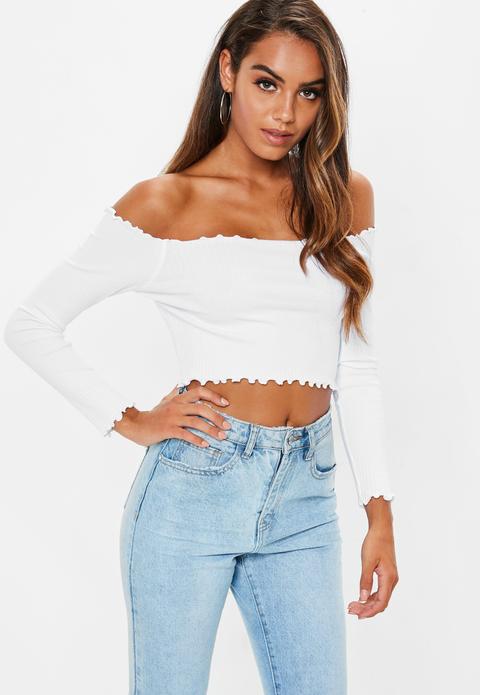 Crop Top Blanc Col Bateau Bords Ondulés