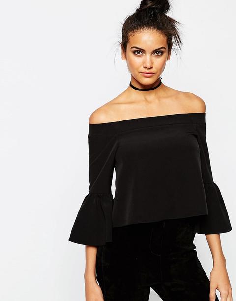 Asos - Top Con Spalle Scoperte E Maniche Con Volant - Nero