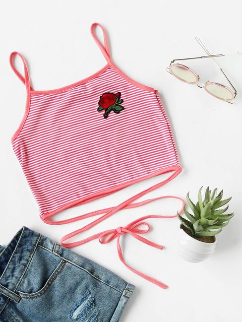 Rose Patch Striped Self Tie Cami Top