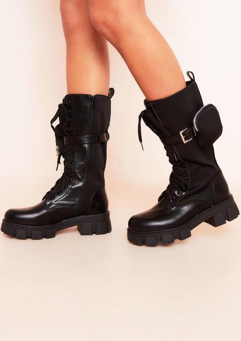 Zenya Black Chunky Lace Up Ankle Pouch Boots