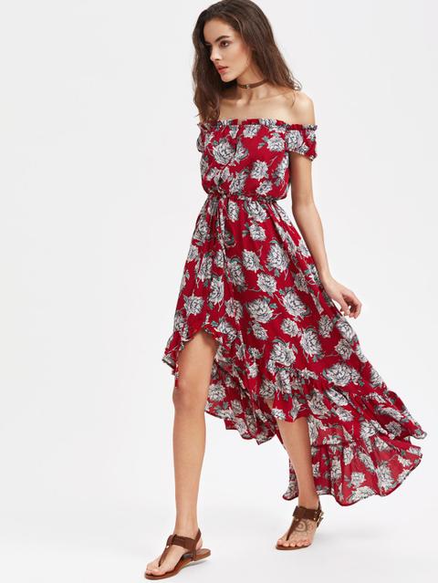 Vestido Asimétrico Con Estampado De Flor Con Cintura Con Cordón Con Volantes