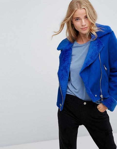 Bershka - Giacca Stile Motociclista In Camoscio Sintetico - Blu