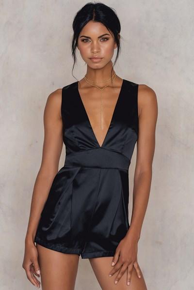 Roser Satin Plunge Romper - Black