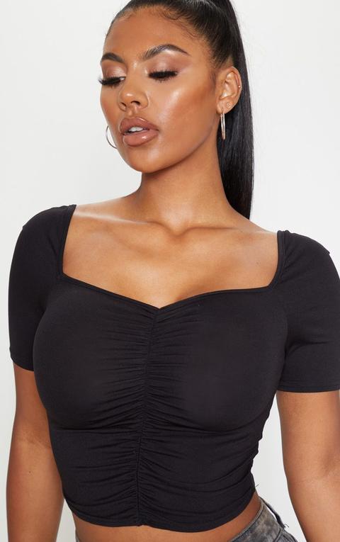 Black Jersey Ruched Front Crop Top