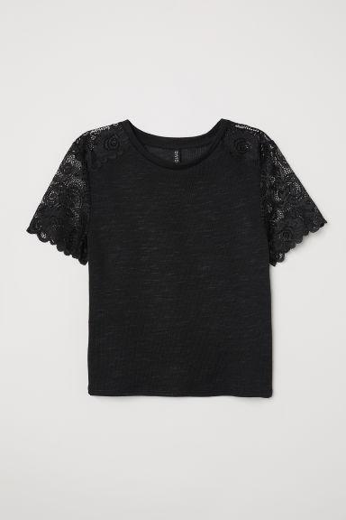 H & M - Top Maglia Fine Con Pizzo - Nero