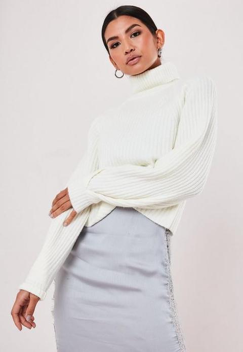White Rib Tuck Sleeve Roll Neck Jumper, White