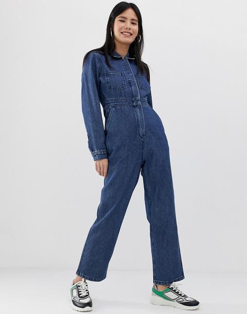 Asos Design Denim Utility Boilersuit In Midwash Blue