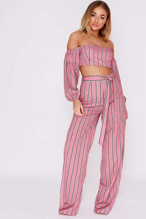 Pink Trousers - Billie Faiers Pink Stripe Tie Side Palazzo Trousers