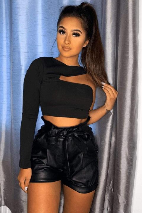 Black Faux Leather Paper Bag Shorts