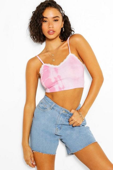 Womens Tie Dye Lace Trim Crop Cami - Pink - 10, Pink