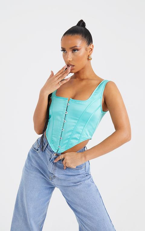 Pale Teal Satin Hook And Eye Curved Hem Corset