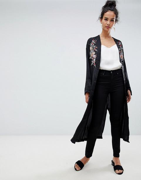 Qed London - Mit Blumen Bestickter Maxi-kimono - Schwarz