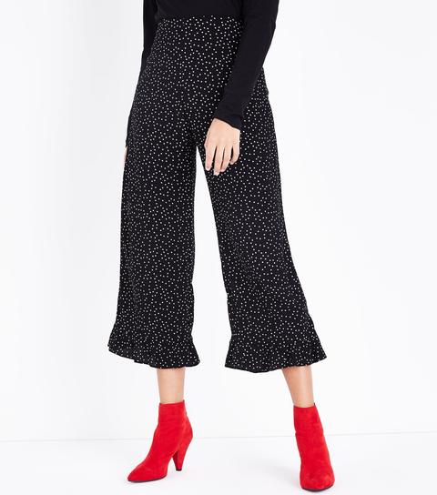 Black Spot Print Frill Hem Cropped Trousers