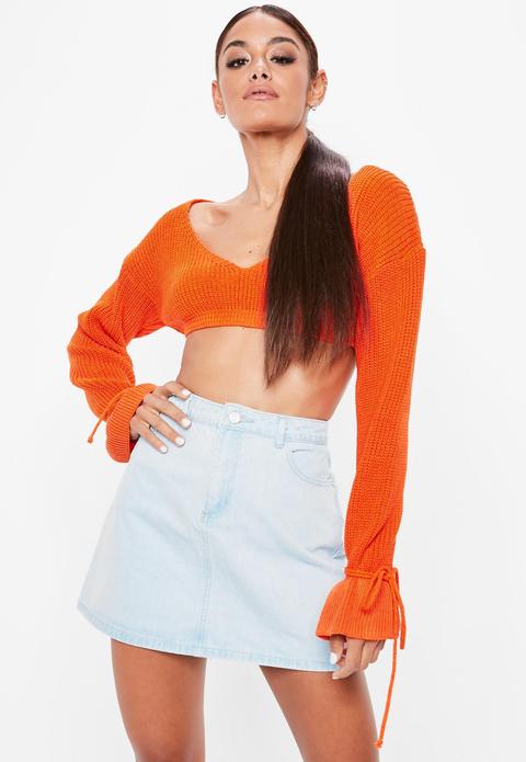 Orange Plunge Flare Sleeve Cropped Jumper, Orange