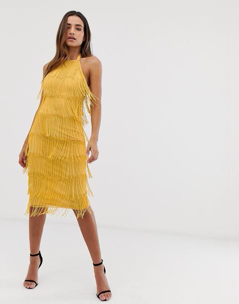 Vestido Midi Con Cuello Halter Y Adorno De Flecos De Asos Design-amarillo