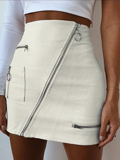 White Pu Leather Zip Design High-waisted Skirt