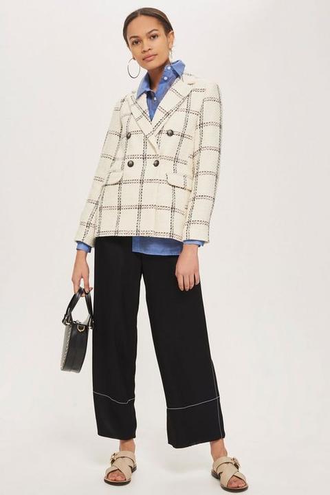 Womens Check Double Breasted Blazer - Ivory, Ivory