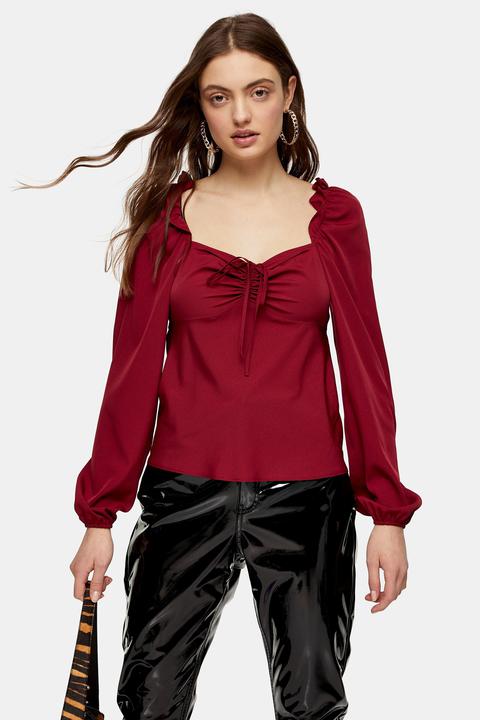 Womens Burgundy Plain Long Sleeve Prairie Blouse - Berry Red, Berry Red