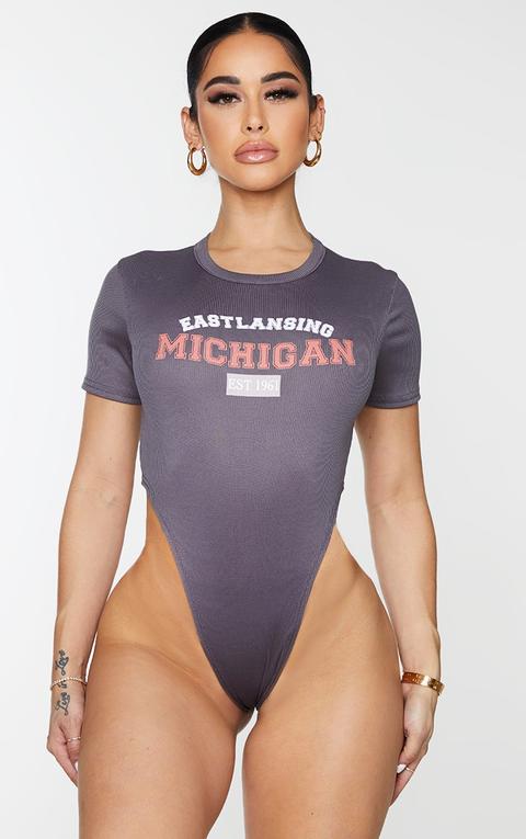 Shape Grey Michigan Slogan Ribbed High Leg Bodysuit