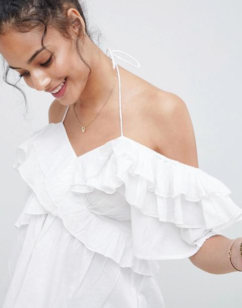 Asos Design - Schulterfreies Oberteil Mit Rüschendetail - Weiß