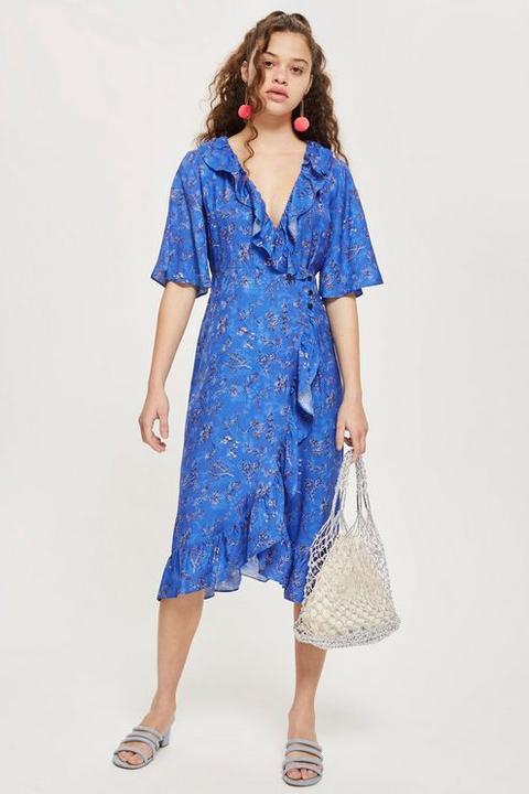 Womens Floral Jacquard Midi Wrap Dress - Blue, Blue